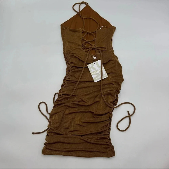 Rumor Gold Rushed Bodycon Dress size 6 Lace Up Back - Festive Party Prom Wedding - Picture 3 of 8